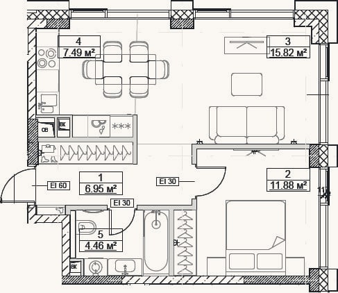 Планировка: 2-к, 46,6 м²