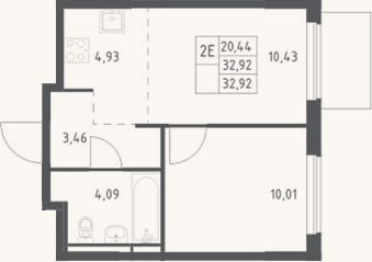 Планировка: 2-к, 32,9 м²