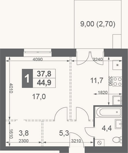 Планировка: 1-к, 42,2 м²