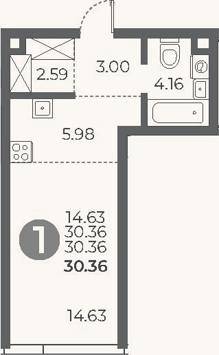 Планировка: Студия, 30,4 м²