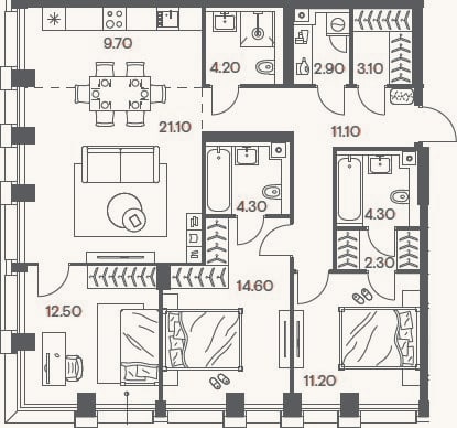 Планировка: 4+ к, 101,3 м²