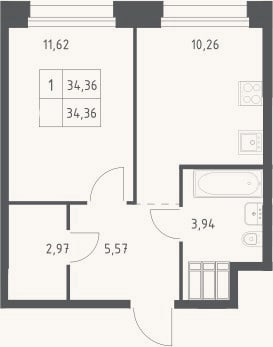 Планировка: 1-к, 34,4 м²