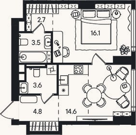 Планировка: 1-к, 45,3 м²