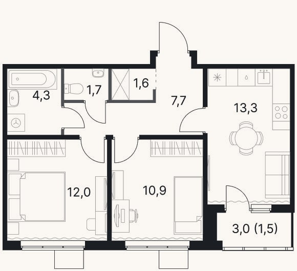Планировка: 2-к, 51,5 м²