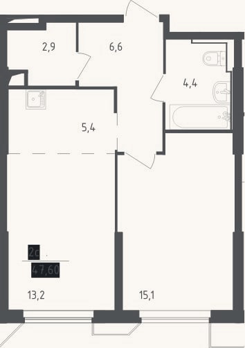 Планировка: 2-к, 47,6 м²