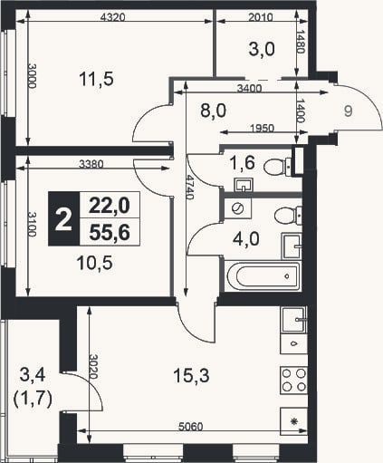 Планировка: 2-к, 53,9 м²