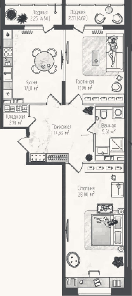 Планировка: 2-к, 82,5 м²
