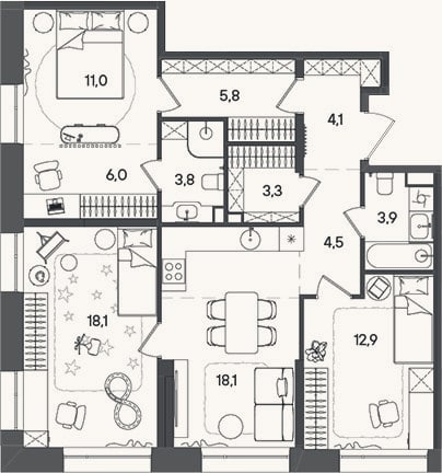 Планировка: 4+ к, 91,5 м²