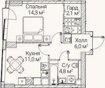 Планировка: 1-к, 38,1 м²