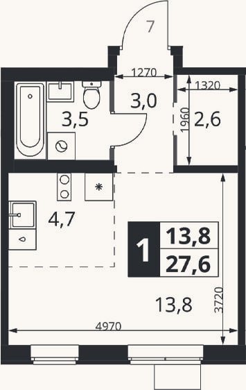 Планировка: Студия, 27,6 м²