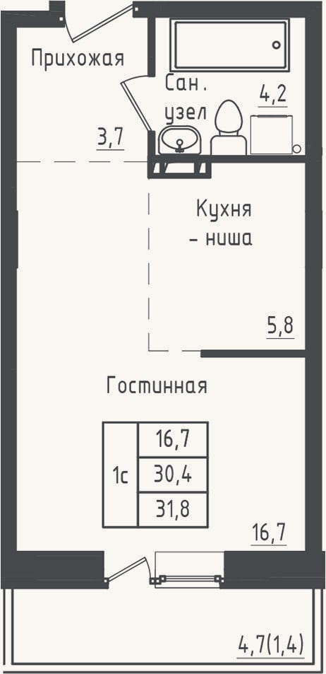 Планировка: Студия, 30,4 м²