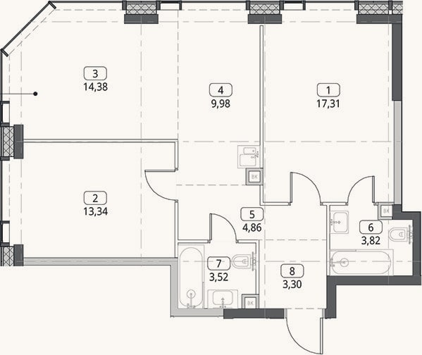 Планировка: 3-к, 70,5 м²