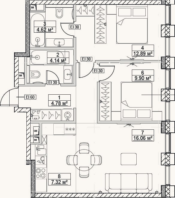 Планировка: 3-к, 63,1 м²