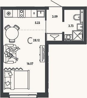 Планировка: Студия, 28,1 м²