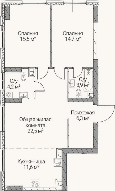 Планировка: 3-к, 78,7 м²