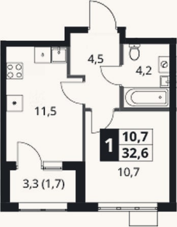 Планировка: 1-к, 30,9 м²