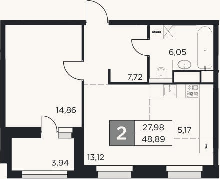 Планировка: 2-к, 46,9 м²