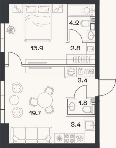 Планировка: 2-к, 51,9 м²