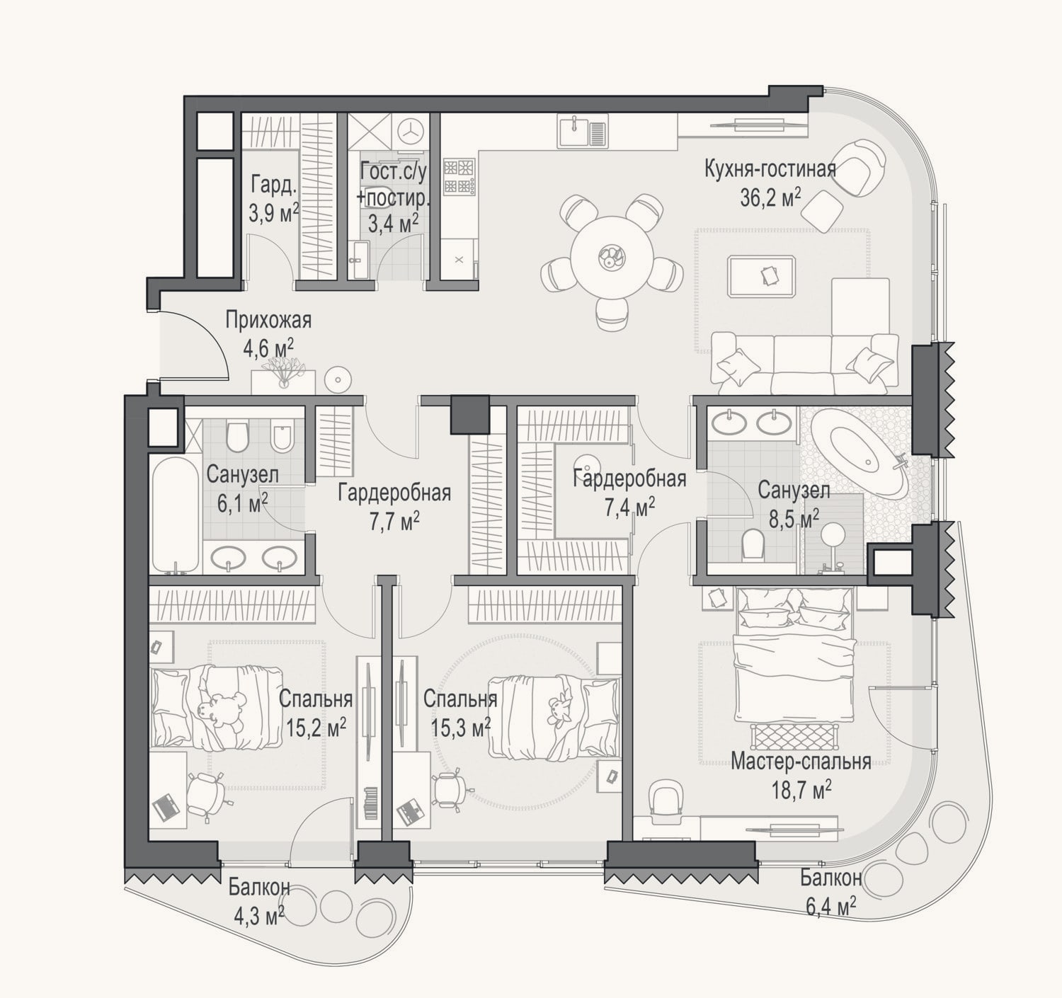 Планировка: 4+ к, 126,8 м²