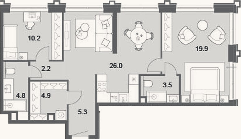 Планировка: 3-к, 76,8 м²