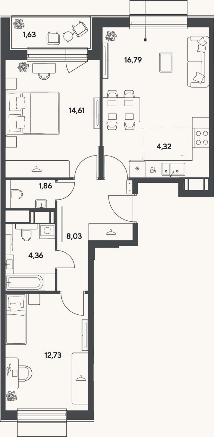 Планировка: 3-к, 62,7 м²