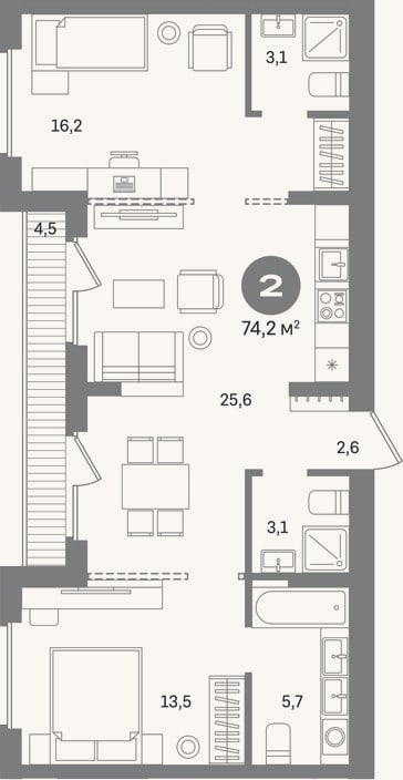 Планировка: 2-к, 69,7 м²