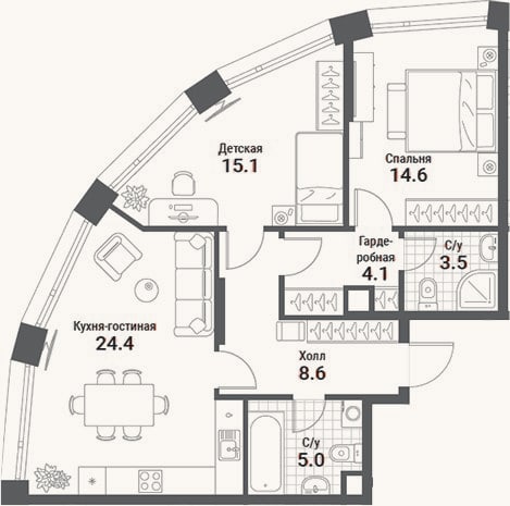 Планировка: 3-к, 75,3 м²