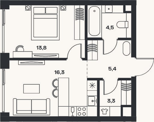 Планировка: 2-к, 45 м²