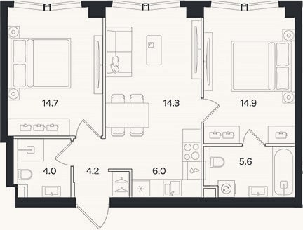 Планировка: 3-к, 63,7 м²