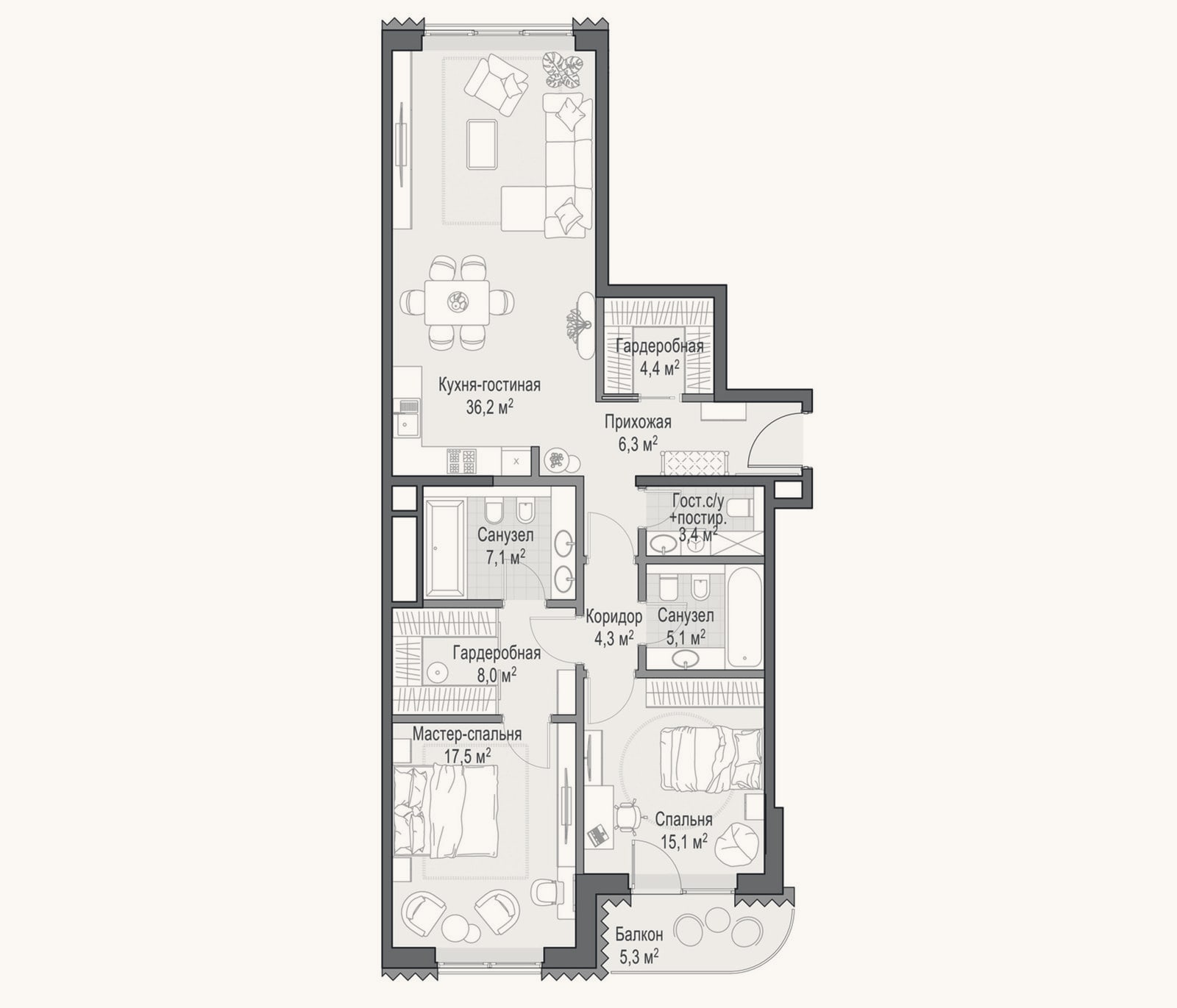 Планировка: 2-к, 107,4 м²