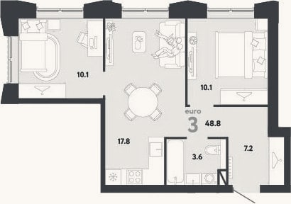 Планировка: 3-к, 48,8 м²