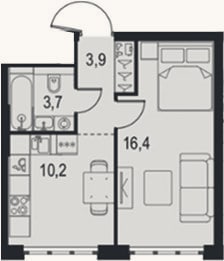 Планировка: 1-к, 34,2 м²
