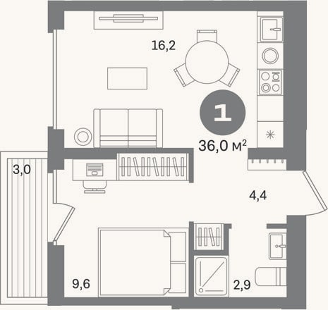 Планировка: 1-к, 33 м²