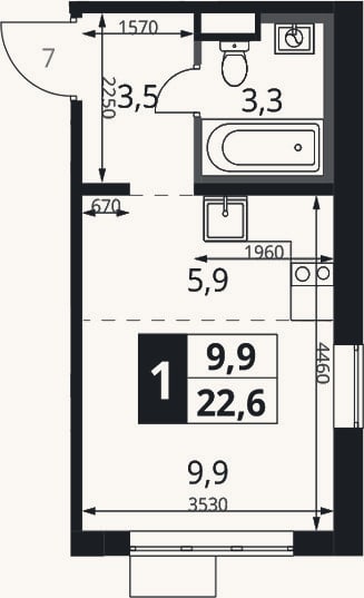 Планировка: Студия, 22,6 м²