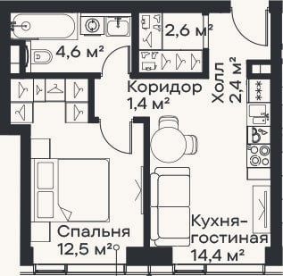 Планировка: 2-к, 37,9 м²