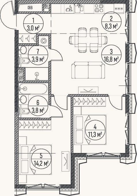 Планировка: 3-к, 61,3 м²