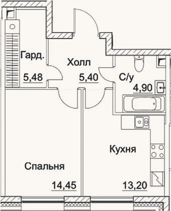 Планировка: 1-к, 43,4 м²