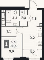Планировка: 1-к, 33,7 м²