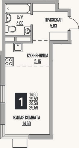 Планировка: Студия, 29,6 м²