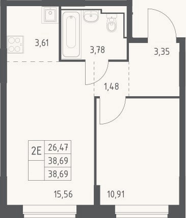 Планировка: 2-к, 38,7 м²