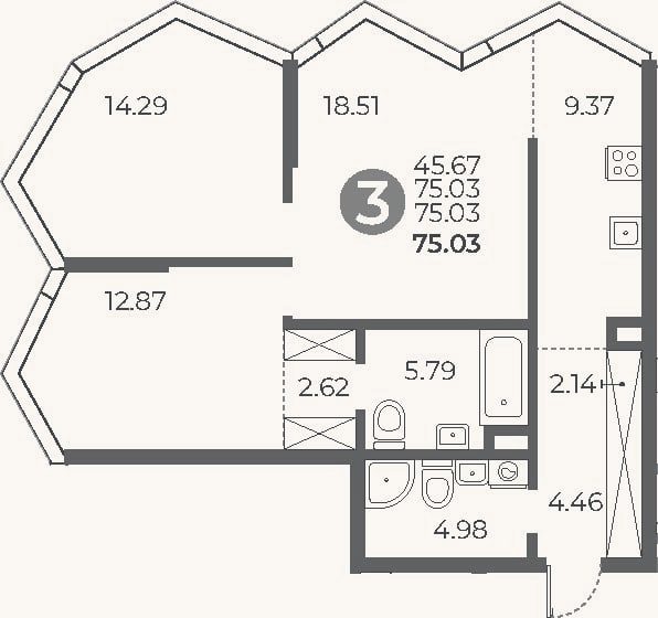 Планировка: 2-к, 75 м²