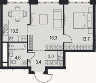 Планировка: 2-к, 51,2 м²