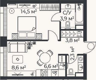 Планировка: 2-к, 39,6 м²
