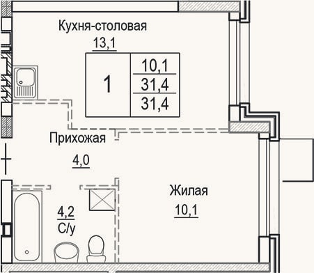 Планировка: 2-к, 31,4 м²
