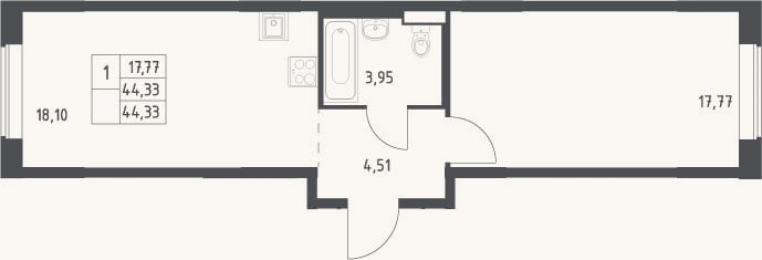 Планировка: 2-к, 44,3 м²