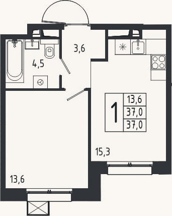 Планировка: 1-к, 37 м²