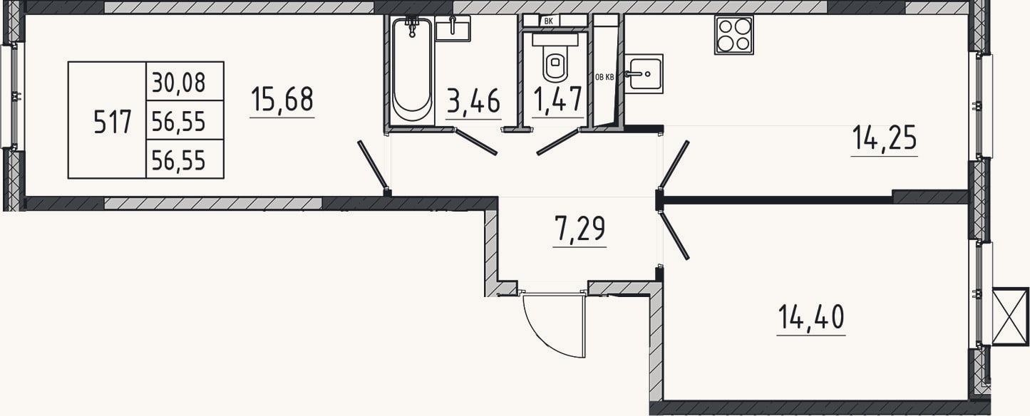 Планировка: 2-к, 56,6 м²