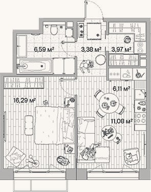 Планировка: 2-к, 47,4 м²