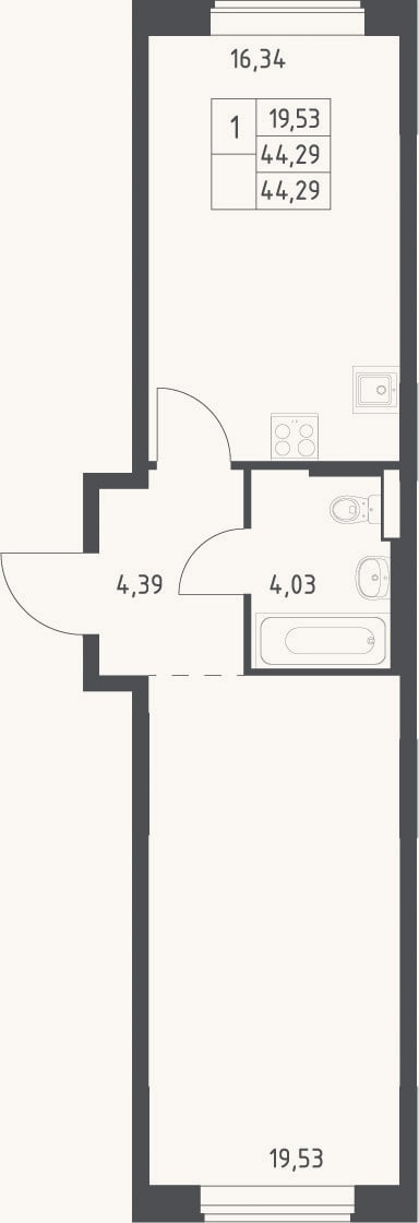 Планировка: 2-к, 44,3 м²