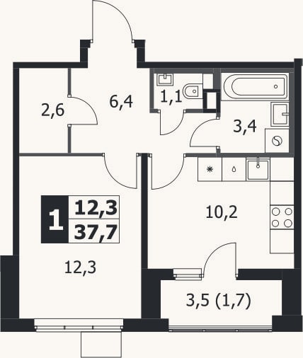 Планировка: 1-к, 36 м²